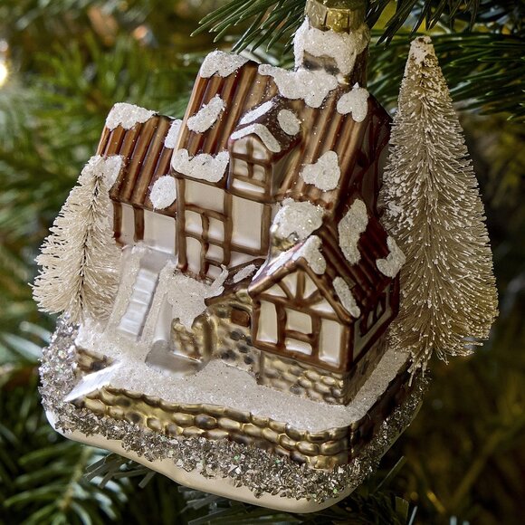 West Elm Glass Cabin Ornament NEW Christmas Holiday Traditional Bottlebrush - Picture 2 of 2